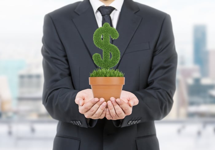 A professionally dressed man holding a potted plant in the shape of dollar sign in his hands. 