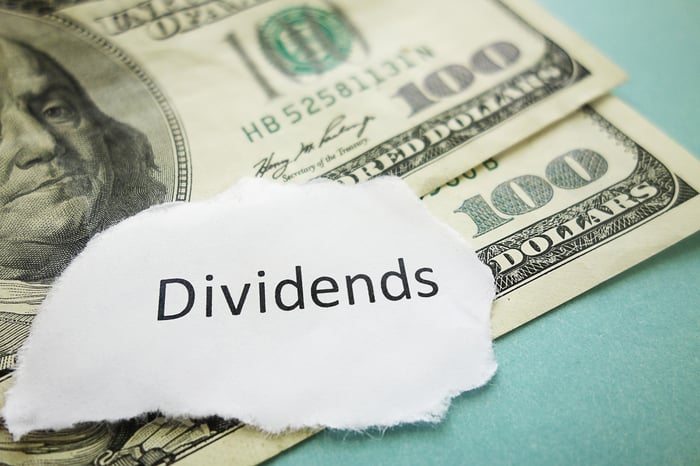 Hundred dollar bills with the word dividend on a piece of paper.