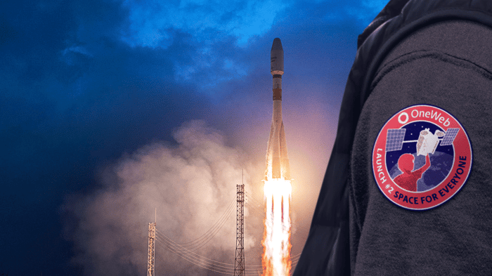 OneWeb launch patch with a OneWeb rocket launching in the background