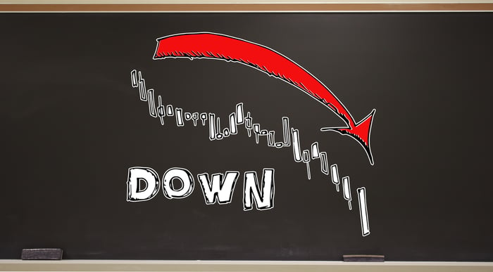 Chalkboard drawing of arrow going down over the word DOWN