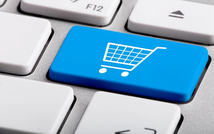 Blur grocery cart icon button on a keyboard