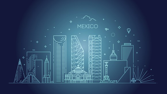 A banner featuring an illustration of Mexico City.