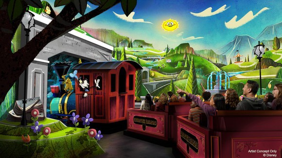 Riders on the Mickey & Minnie Runaway Railway ride.