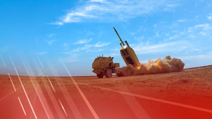 Lockheed Martin GMLRS rocket system firing a rocket.
