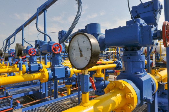 Rows of blue and yellow pipelines.