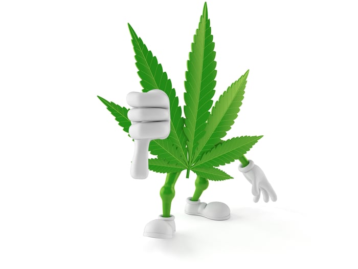 Cannabis leaf with arms and legs holding a thumb down