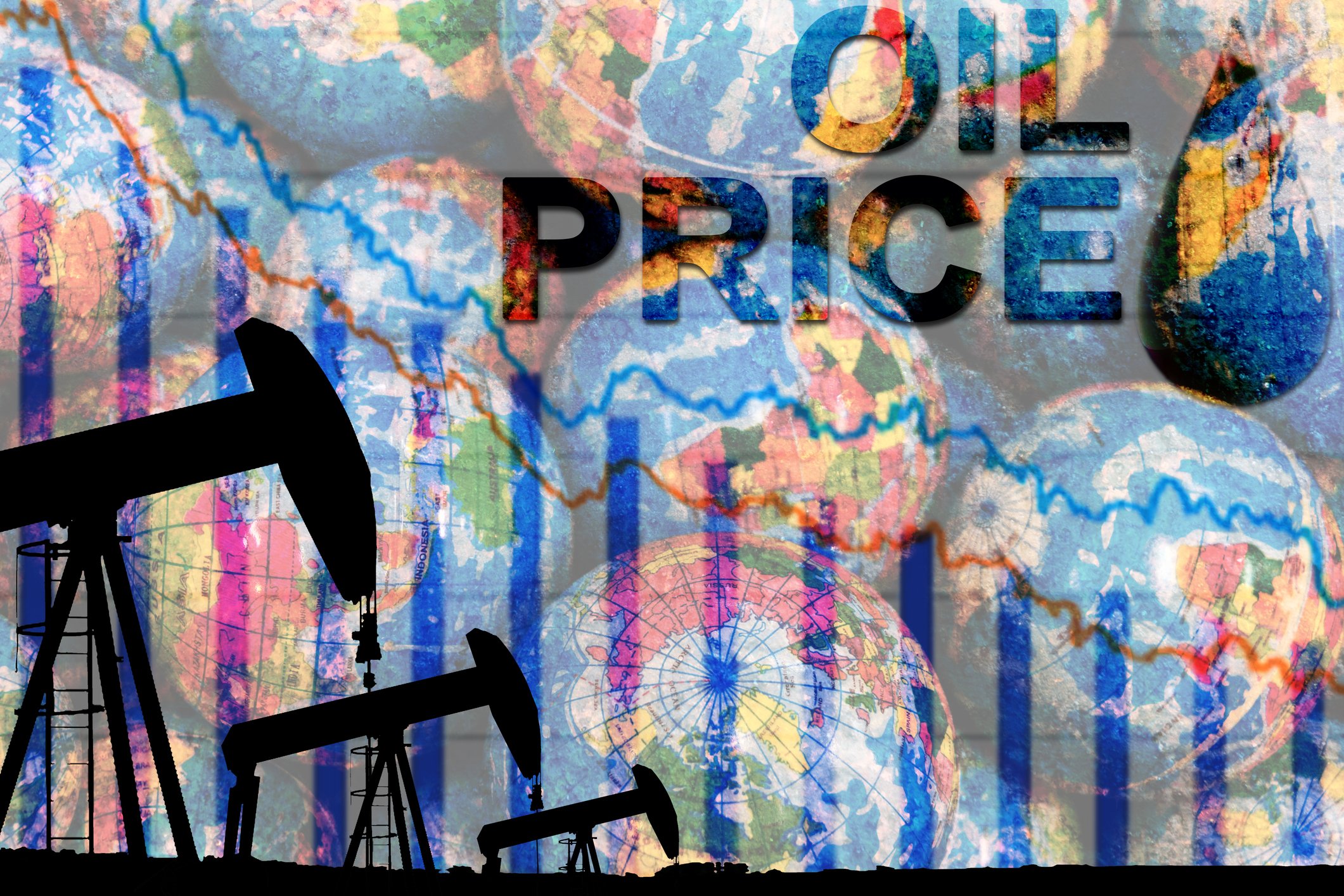 A siluette of oil pumps with globes in back ground with the word oil price written at the top.