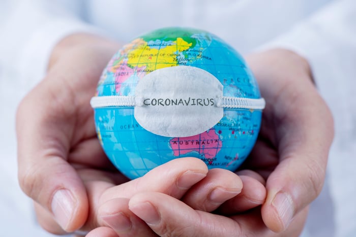 A pair of hands holding a minature globe labeled coronavirus.