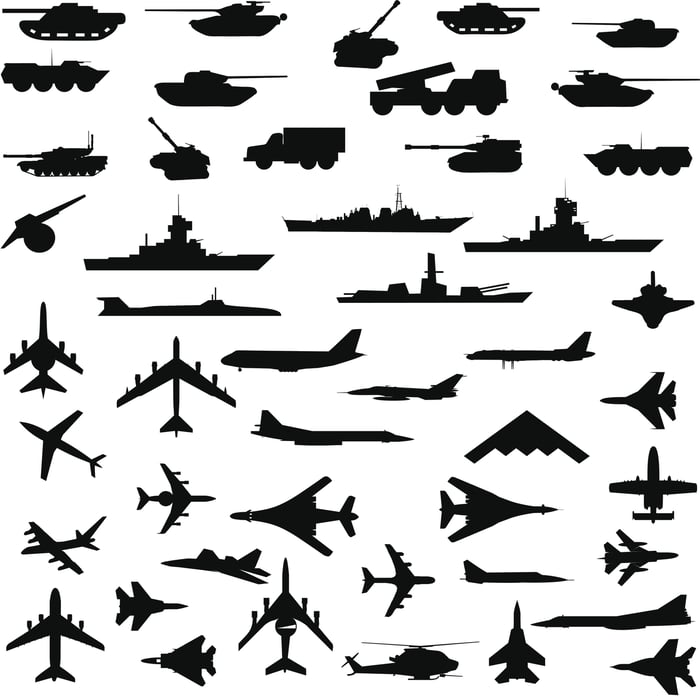 Military silhouettes of tanks, warships, and military aircraft