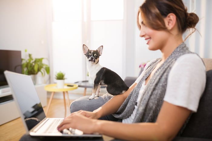 Woman typing on laptop while dog looks on