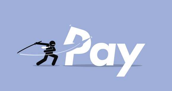Graphically drawn character slashing the word "pay" with a sword