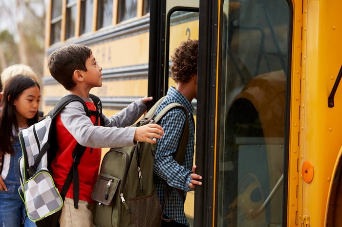 Kids getting on a school bus