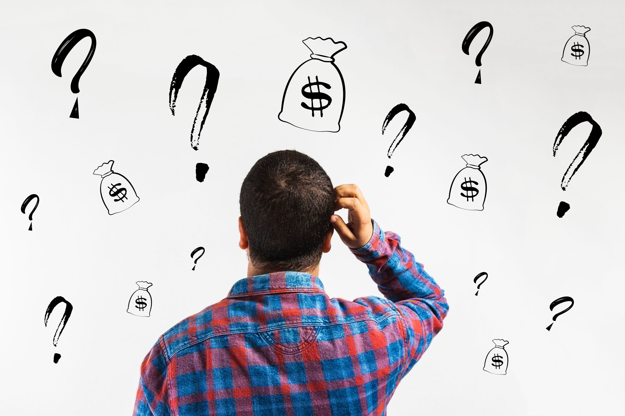 Man with hand on head facing question marks and money bags