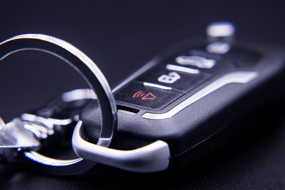 An electronic key fob up close.