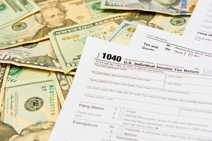 Tax Form 1040 on a pile of money