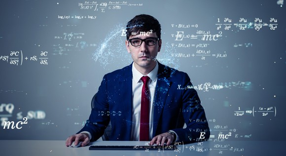 College professor with complex formulas surrounding him