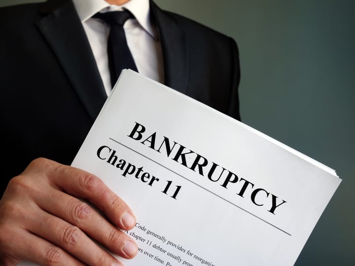 A person in a suit holding papers with Chapter 11 Bankruptcy on them.