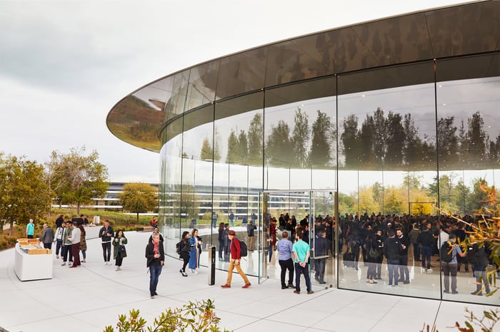 Guests arriving at the Steve Jobs theater at Apple Campus.