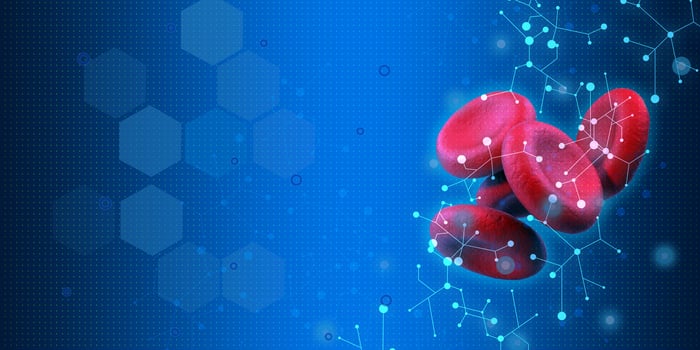 Abstract medical concept picture with a blue background and several red blood cells.