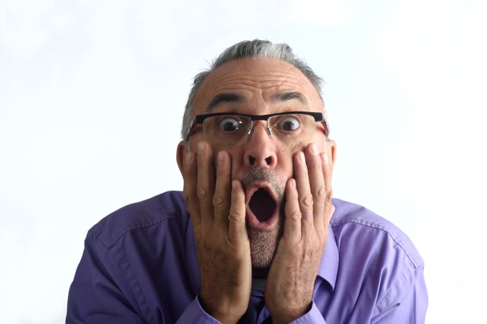 A man in a lavender shirt is looking shocked, with his palms on his cheeks and his mouth agape.