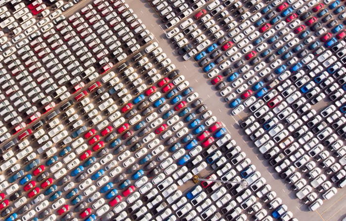 45 degree canted view of a full car lot with no shoppers in evidence