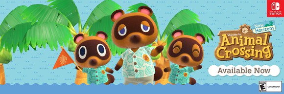 Animal Crossing banner ad featuring three bears.