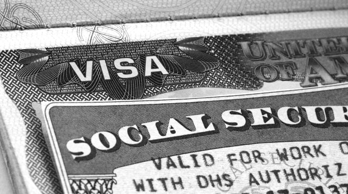 A Social Security card lying atop a work visa. 