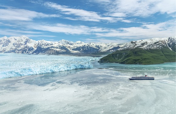 The Cunard ship Queen Elizabeth off Hubbard Glacier in Alaska.