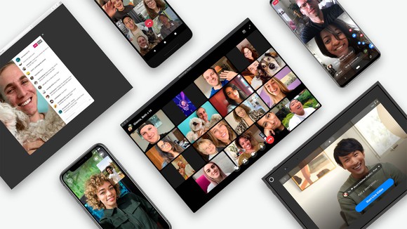 People using Messenger Rooms video conferencing on mobile devices.