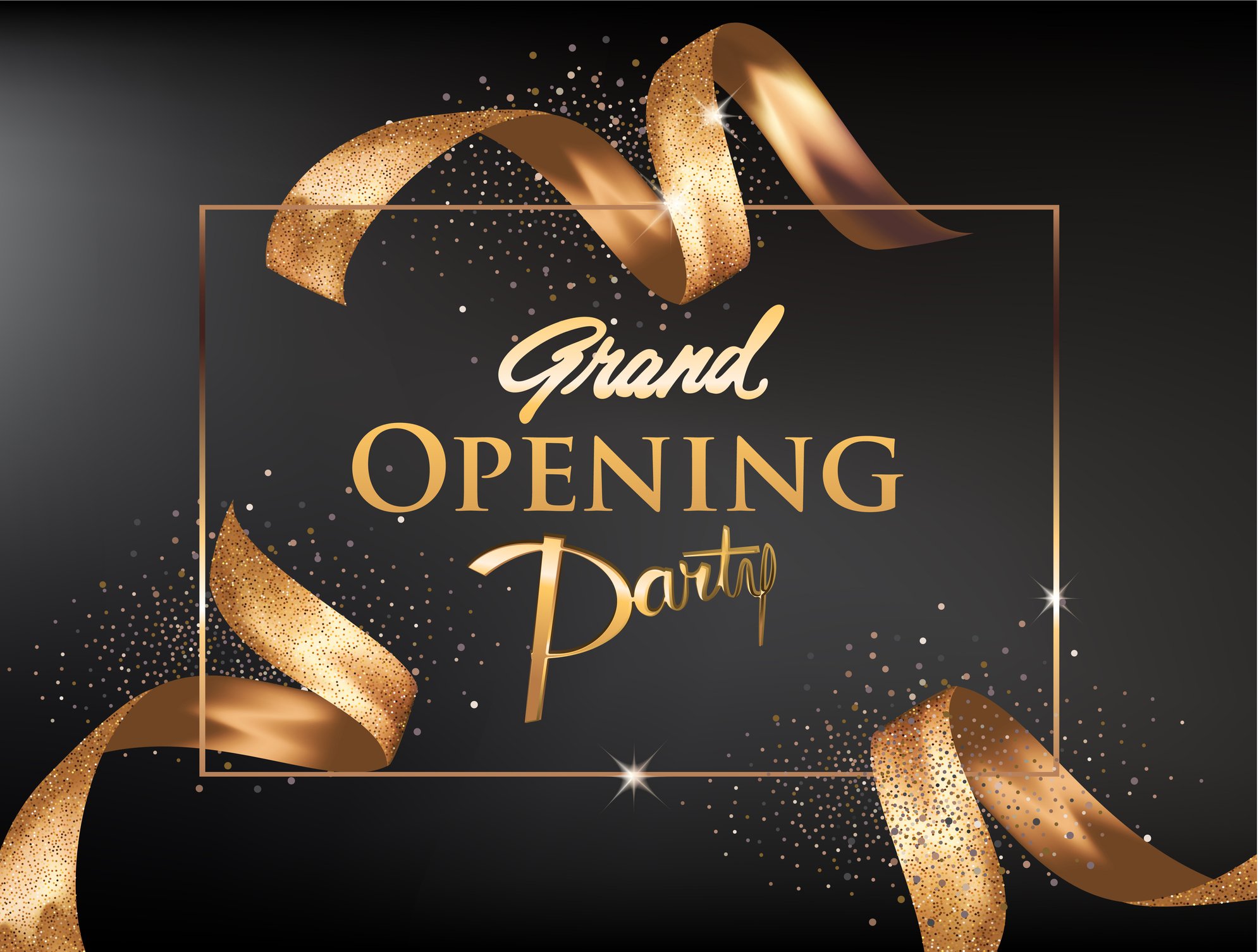 Gold letters and ribbons proclaim a Grand Opening Party