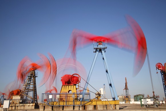 Time-lapse photo of natural gas wells.