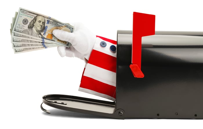 Uncle Sam's arm emerging from a mailbox with a fanned pile of one hundred dollar bills in his hand.