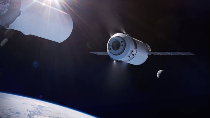 Artist's depiction of SpaceX Dragon XL cargo spaceship in orbit