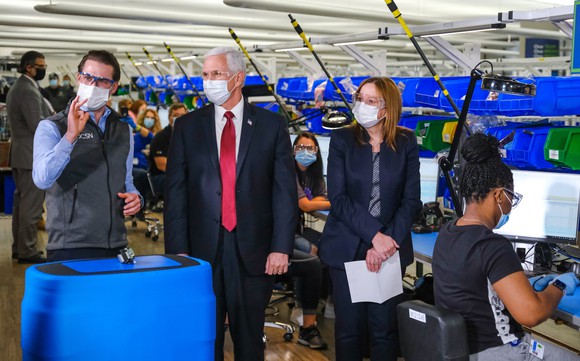 VP Mike Pence and GM CEO Mary Barra at Kokomo plant making ventilators