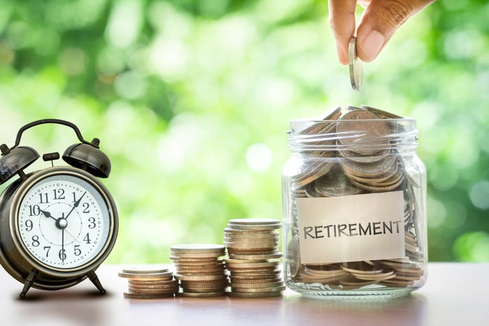 Fingers put coins in a jar labeled "retirement" which sits next to an alarm clock.