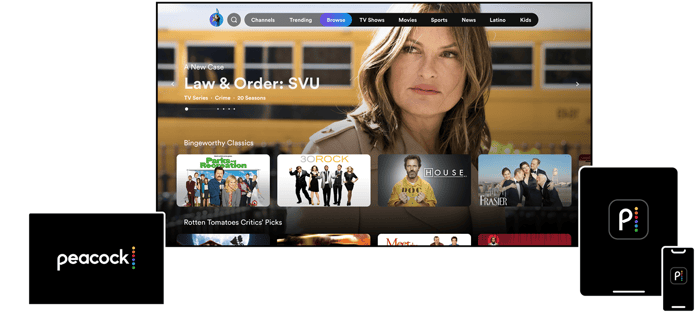 Peacock homescreen on a TV and its logo on a computer, tablet, and smartphone.