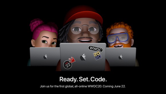 A animated scene with three people peering over the top of laptops, with the words, "Ready. Set. Code."
