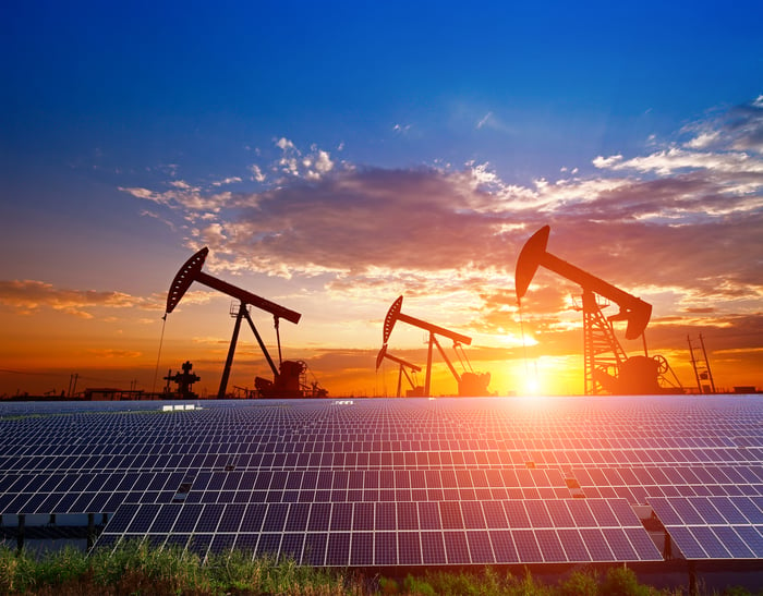 Oil pumps under the setting sun with solar panels in the foreground.