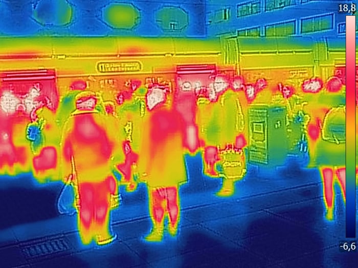 Infrared images of a crowd of people at a train station