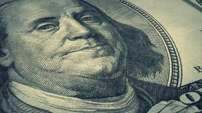 A close-up view of Ben Franklin on the one hundred dollar bill.