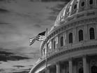 dome of US Capitol Building with American flag waving in foreground -- Washington DC capital politics policy government Congress