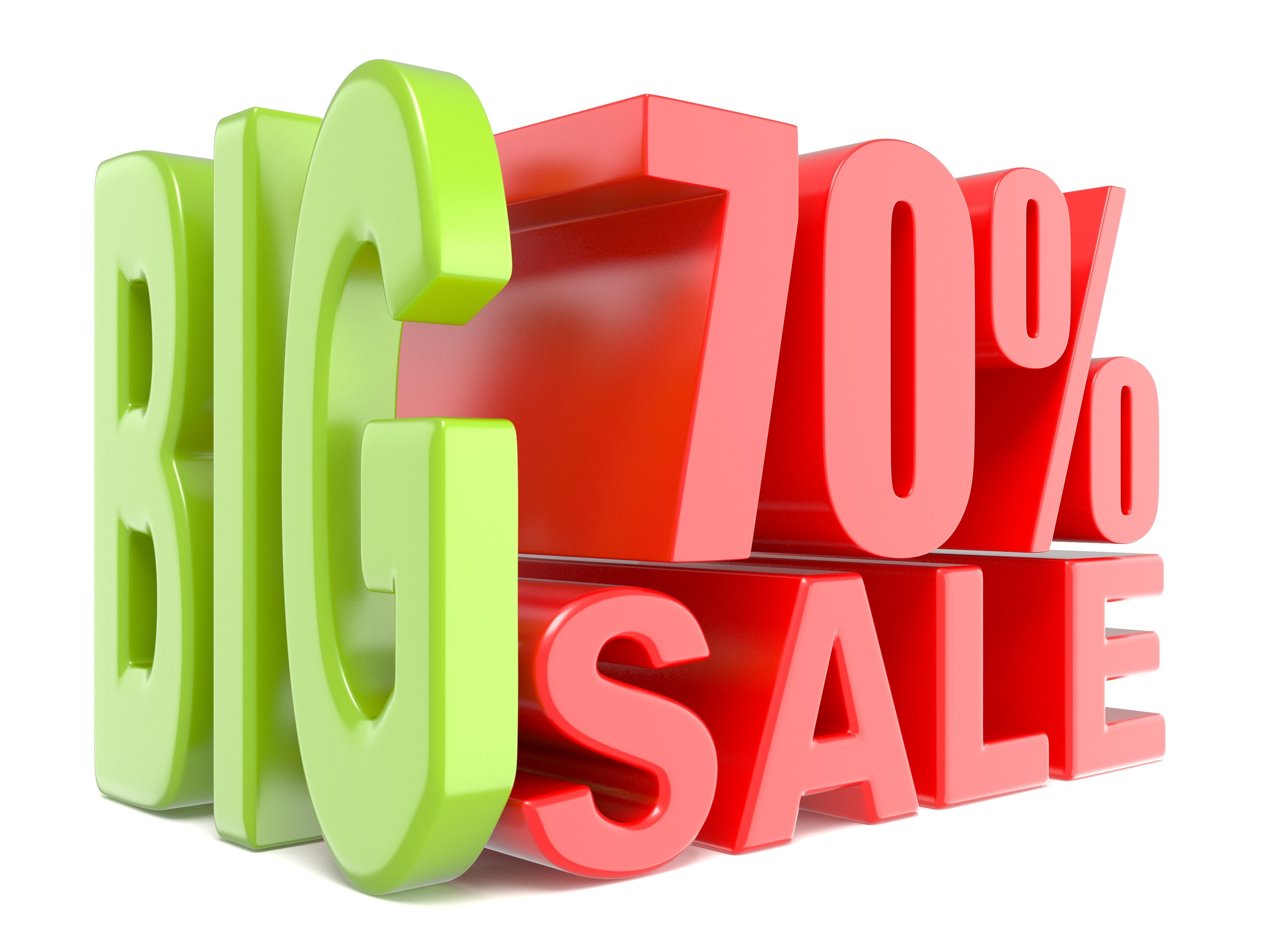 Big 70 percent sale in green and red block letters