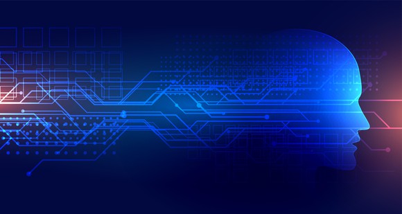 A human face in blue with digital lines coming out of it to signify AI.