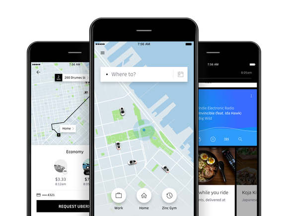 Three different images of the Uber app on smartphones