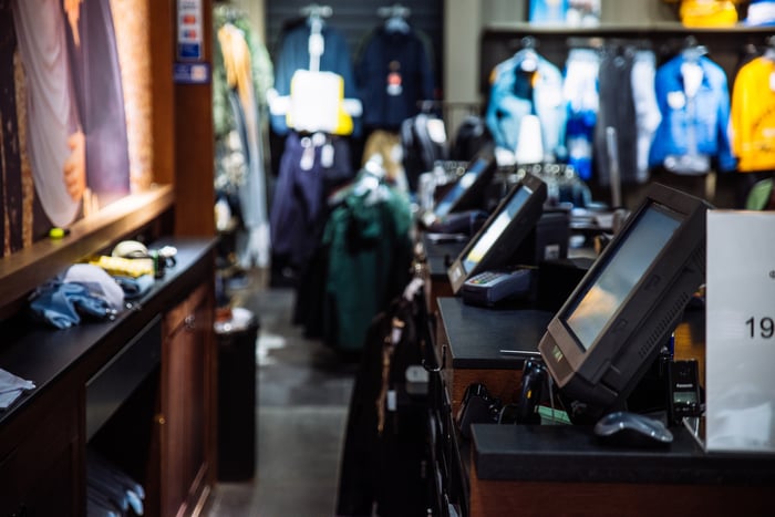 Cash registers at a clothing store with no employees or customers in the picture