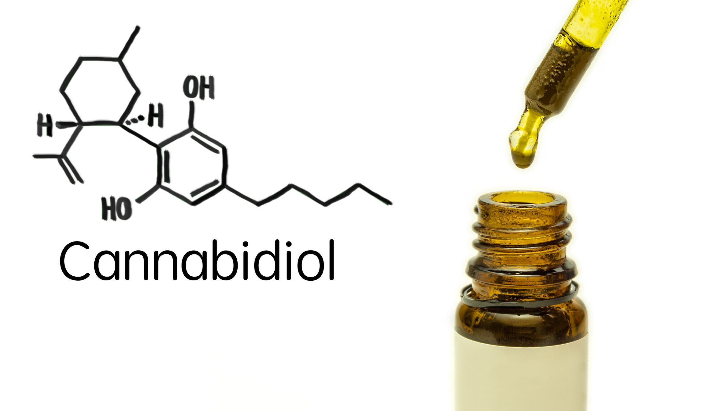 Chemical diagram of cannabidiol next to a bottle and eyedropper