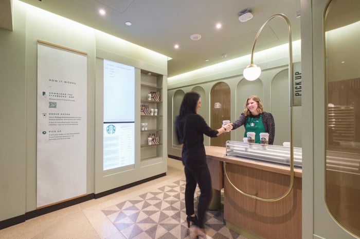 A Starbucks barista hands a coffee to a woman in a Starbucks location.