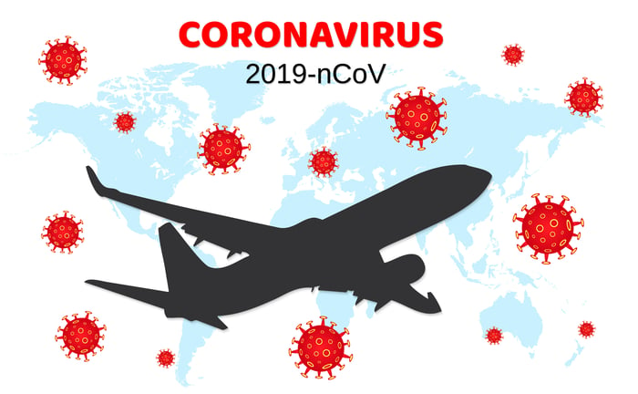 The silhouette of an airplane flies among coronavirus viroids.  