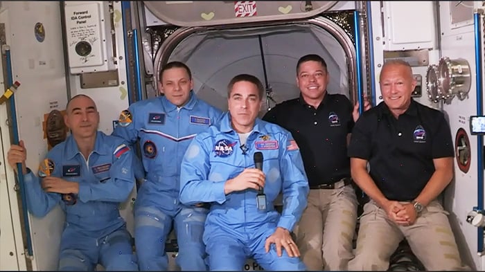 Current Russian and American ISS crew broadcast from ISS with new arrivals from SpaceX Crew Dragon Endeavour.