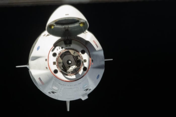 Head on view of SpaceX Crew Dragon as it approaches ISS for docking.